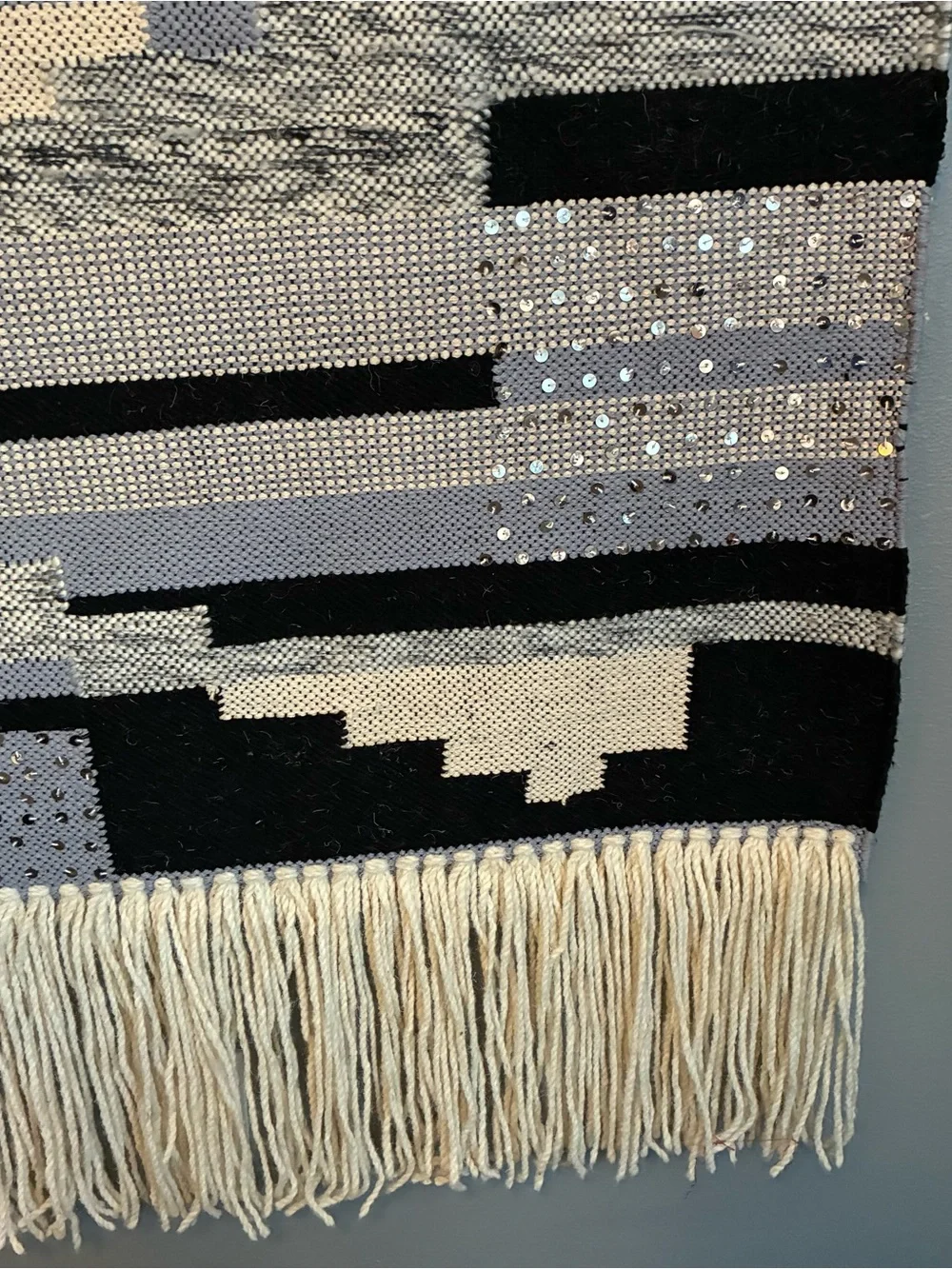 New. Wool Handwoven Boho Geometric Wall Hanging Decor - Beige, Gray & Black